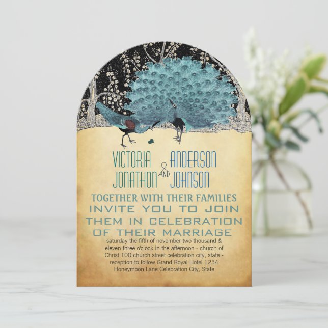 Gulda och svarta påfåglar i skogen inbjudningar (Stående Fram)