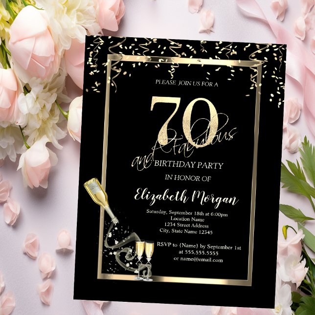 Gulda paljetter, vinflaska 70-årsdag   inbjudningar (Skapare uppladdad)