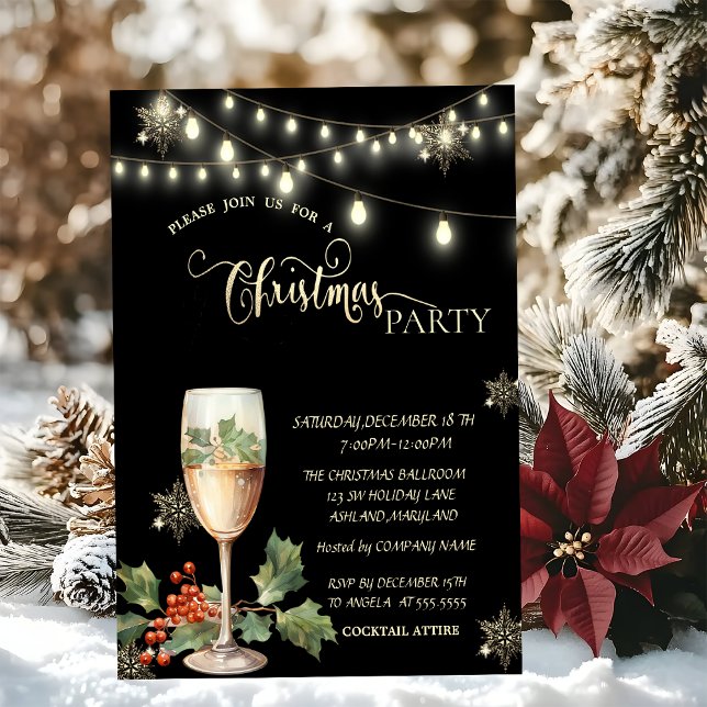 Gulda snöflingor, Champagne Glas Julfest  Inbjudningar (Skapare uppladdad)