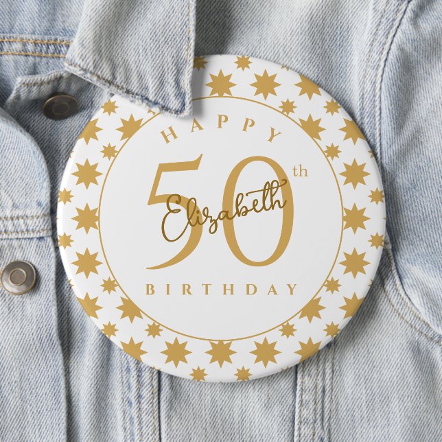 Gulda stjärnor 50-års födelsedag anpassat namn  knapp (In Situ)
