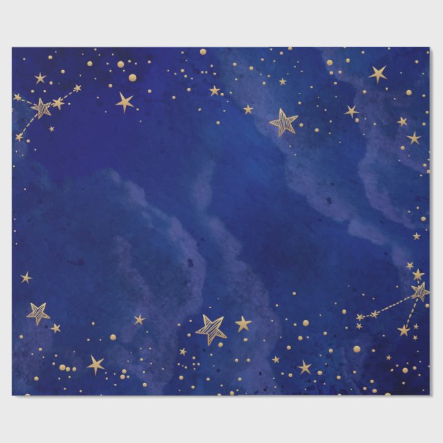 Gulda stjärnor,Himmel,Marinblå, Högtid Presentpapper (Platt)