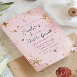 Gulda stjärnor och rosa flickdop inbjudningar