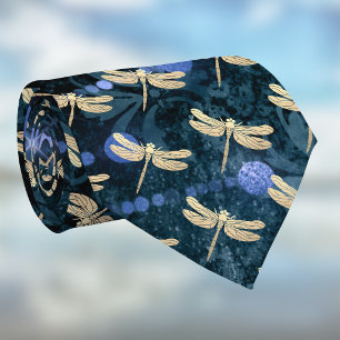 Gulda Trollsländor på Vintage Tealblå Damast Slips