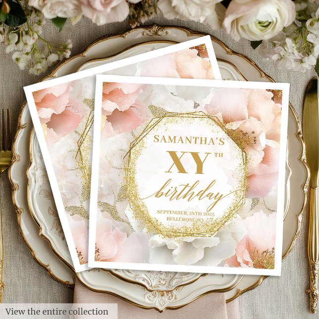 Guldaccent Röda Födelsedagsservetter Personliga Pappersservett (Gold Accents Blush Birthday Napkins Personalized)