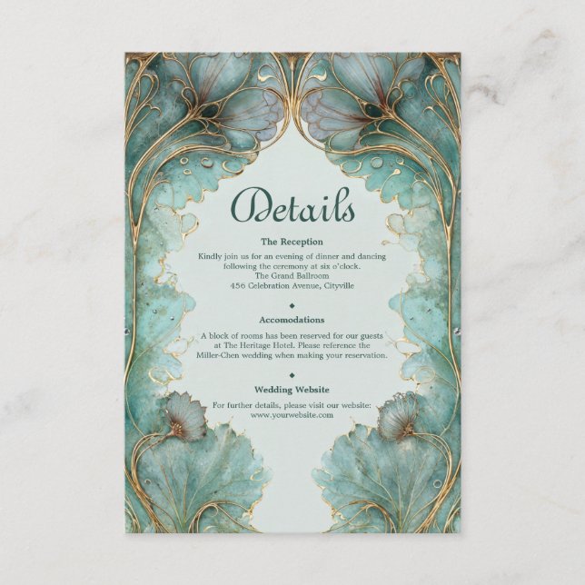 Guldad näckros Art Nouveau Teal och Guld Bröllop Tilläggskort (Framsida)