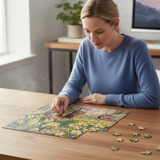 Guldaffodillsträdgård blommar akvarell  pussel (Spring forest puzzle brings the outdoors to your desk.)