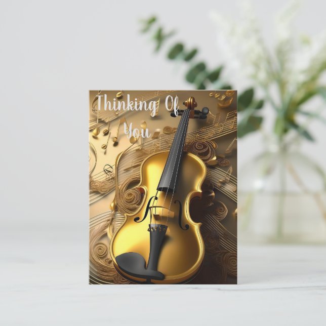 Guldantad violin på gyllene musiksladdar, vykort (Stående Fram)