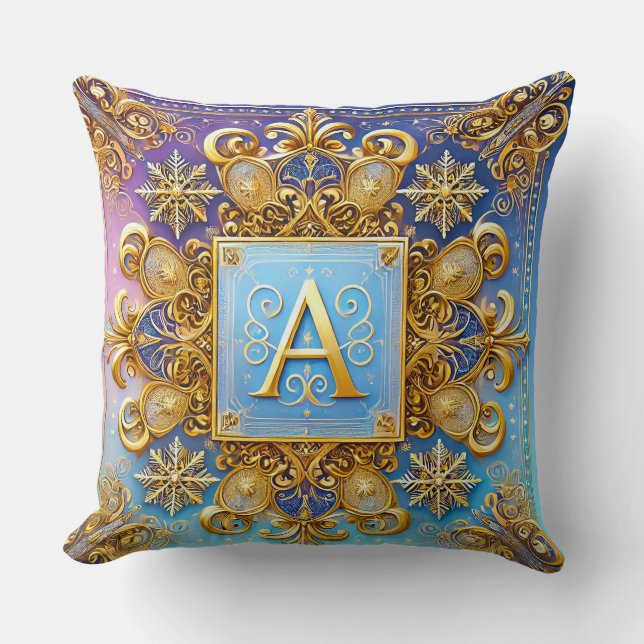 Guldbarock Bokstav A Blått Monogram Elegans ✨ Kudde (Framsida)