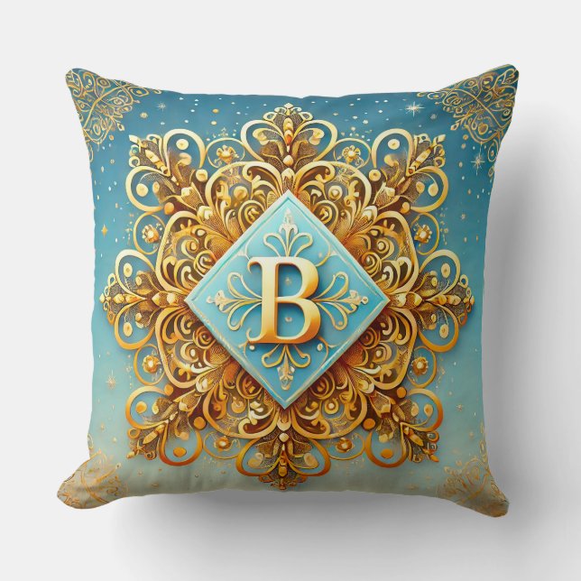 Guldbarock Bokstav B Blå Monogramstil ✨ Kudde (Framsida)