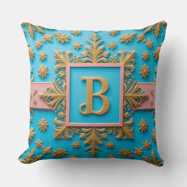 Guldbarock Bokstav B Blått Monogram Elegans ✨ Kudde (Framsida)