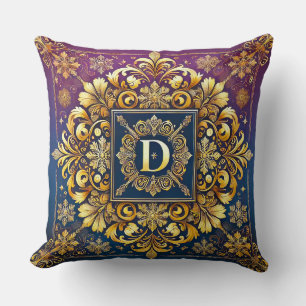 Guldbarock Bokstav D Blå Monogram Elegans ✨ Kudde