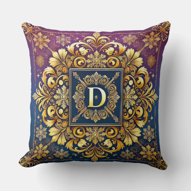 Guldbarock Bokstav D Blå Monogram Elegans ✨ Kudde (Framsida)