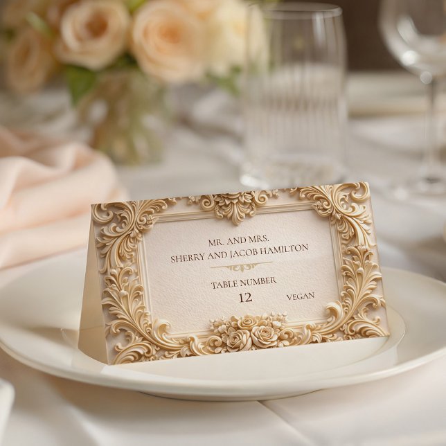 Guldbarock Monogram Ram Ivory Platskort Placeringskort (Gold Baroque Monogram Frame Ivory Place Card)