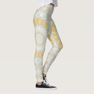 Guldbeige och Blått Mandalamönsterdesign Leggings