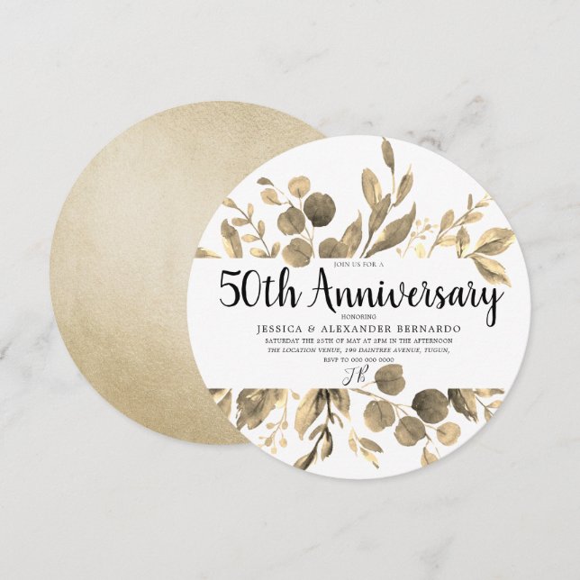 Guldblad Elegant Modern 50-års bröllopsjubileum Inbjudningar (Fram/baksida)