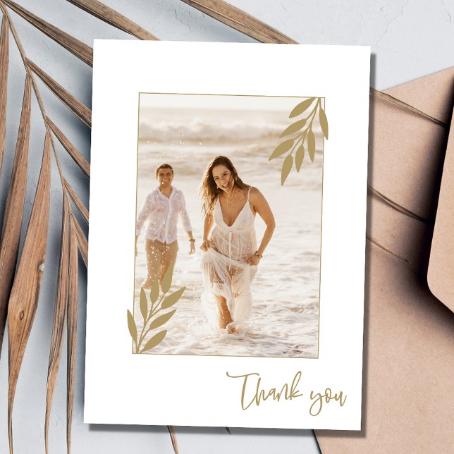 Guldblad Foto Elegant Bröllop Tack (Gold Leaf Photo Elegant Wedding Thank You)
