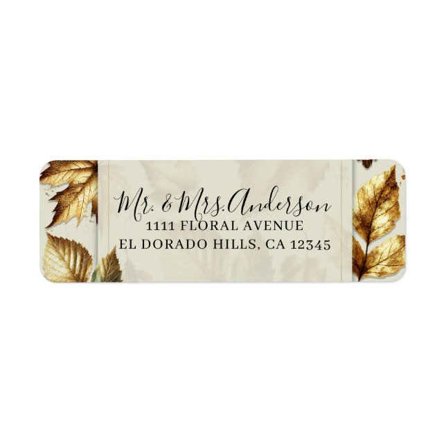 Guldblad Mandel Beige Glam Höstbröllop Returadress Etikett (Framsidan)