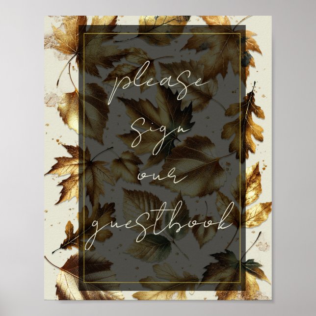 Guldblad Mandel Beige & Svart Gästbokssköld Poster (Framsidan)