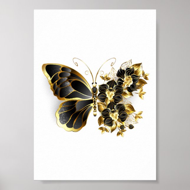 Guldblomma Fjäril med svart orkidé Poster (Framsidan)
