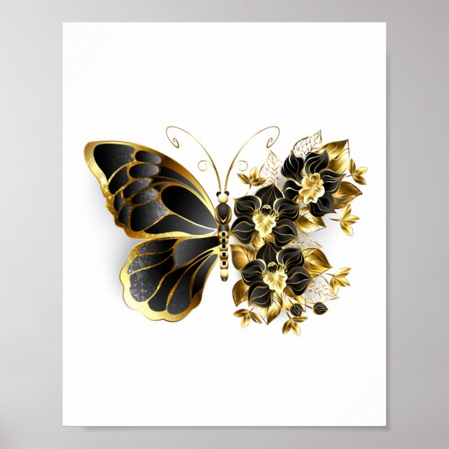 Guldblomma Fjäril med Svart Orkidé Poster (Framsidan)