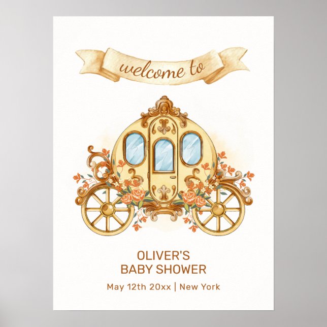 Guldblomma Prins Vagn Baby Shower Välkommen Poster (Framsidan)