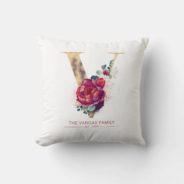 Guldblomma V Monogram Blommigt Burgundy Red Kudde (Framsida)