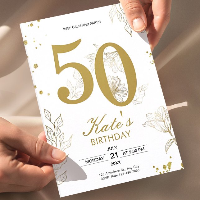 Guldblommig 50-årsfest Fyrtiotal Elegant Inbjudningar (white gold 50th birthday invitation, elegant floral birthday invite, milestone birthday invitation)