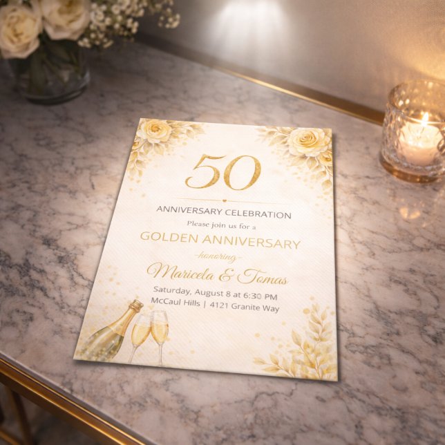 Guldblommig 50-årsjubileumsinbjudan inbjudningar (Golden floral 50th anniversary dinner invite with champagne tones and soft ivory roses)