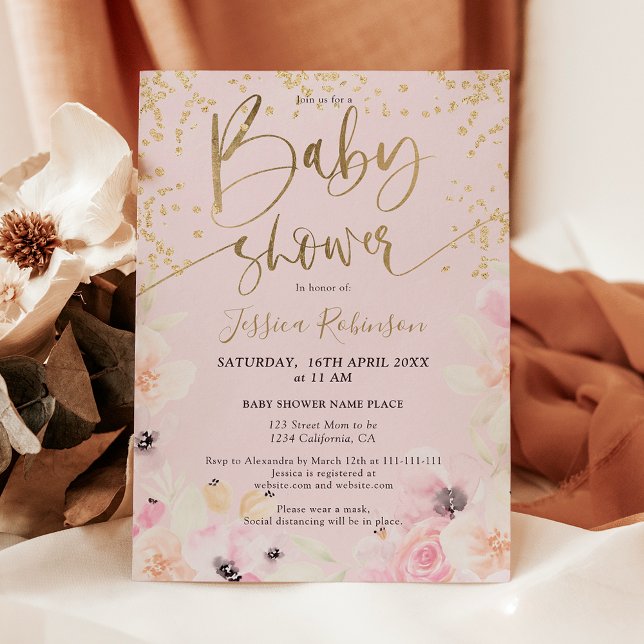 Guldblommig akvarell baby shower budget (Gold floral watercolor baby shower budget invitation)
