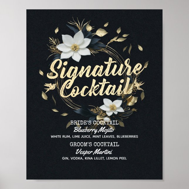Guldblommig krans vigsel dryckesmeny poster (Framsidan)