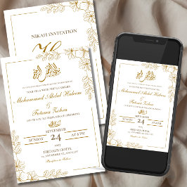 Guldblommig ram Elegant vitt papper Modern Nikah Inbjudningar