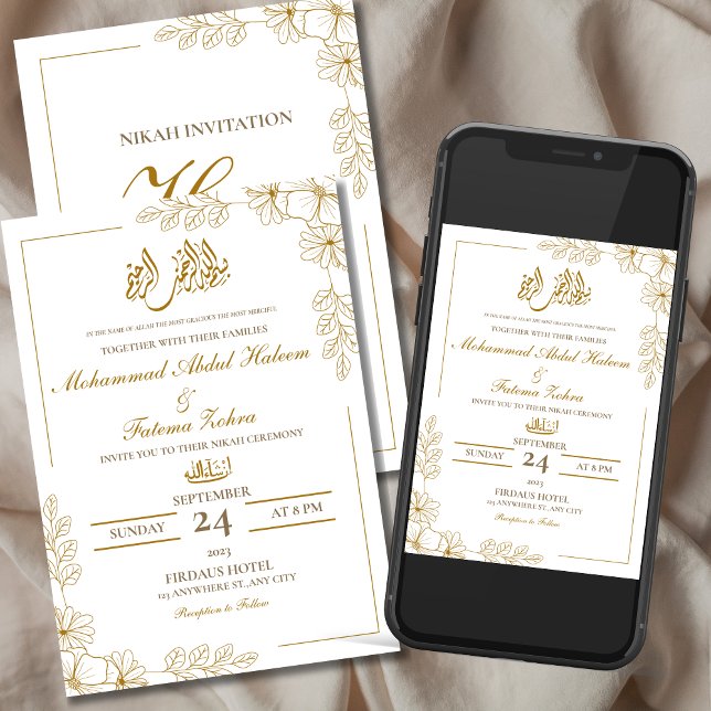 Guldblommig ram Elegant vitt papper Modern Nikah Inbjudningar (Gold Floral Frame Elegant White Paper Modern Nikah Invitation)