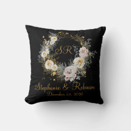 Guldblommig svart monogram-logotyp bröllopsgåva kudde