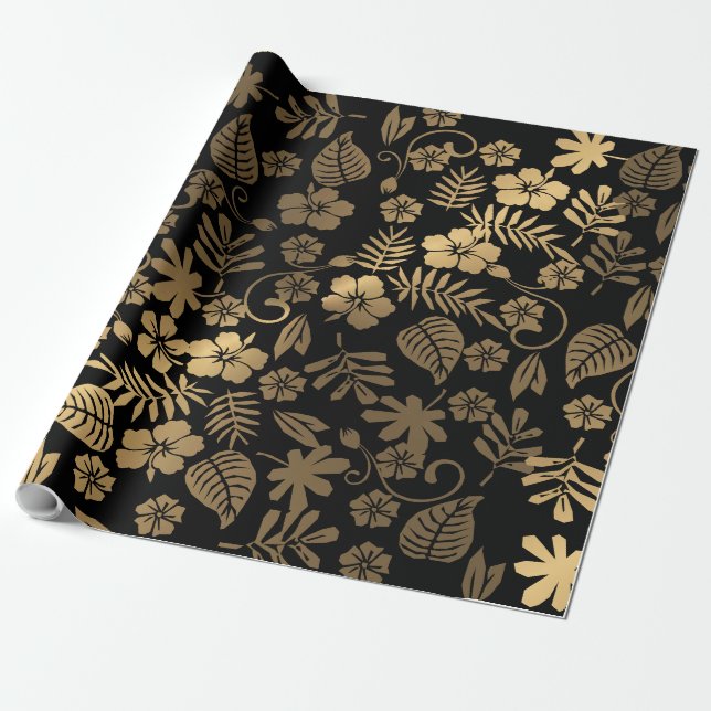 Guldblommig & svart presentpapper (Utrullad)