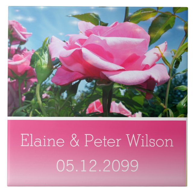 Guldblommor från rosa ros, bröllop-årsdagen kakelplatta (Framsidan)