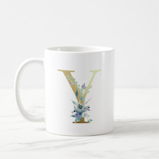 Guldbokstav Y Blå Akvarellblommor Kaffemugg (Vänster)