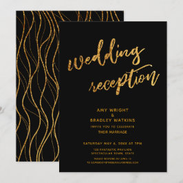 Guldböljor & handskriven svart bröllagsmottagning inbjudningar