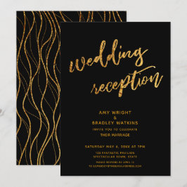 Guldböljor & handskriven svart bröllopsfest inbjudningar