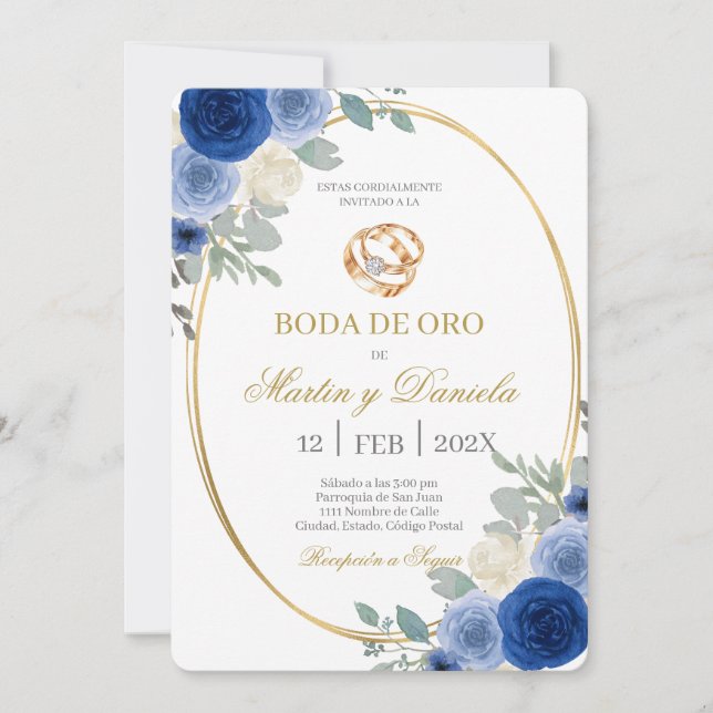 Guldbröllop med blå blomma inbjudningar (Framsida)