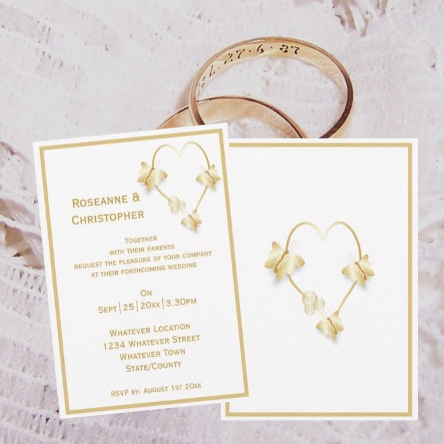 Guldbröllopsinbjudan fjärilar hjärtdesign inbjudningar (Gold wedding invitation butterflies heart design)
