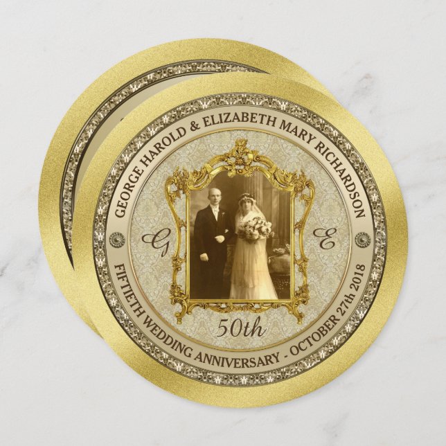 Guldbröllopsjubileum Klassisk Fotolampa Inbjudningar (Fram/baksida)
