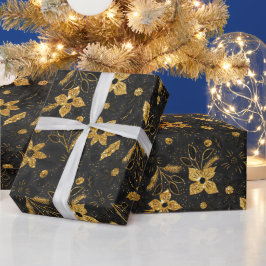 Guldburkar och svarta julpoinsettia blommor presentpapper