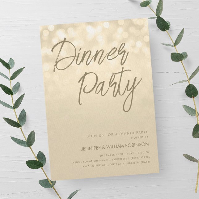 Guldchampagne Ljus manus Middagsparty  Inbjudningar (Gold Champagne Lights Script Dinner Party Invitation)
