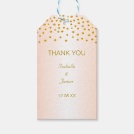 Guldconfetti på roséguld presentetikett