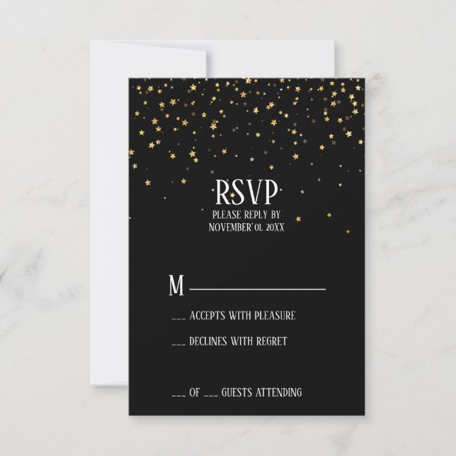 Guldconfetti på svart RSVP-kort OSA Kort (Framsida)