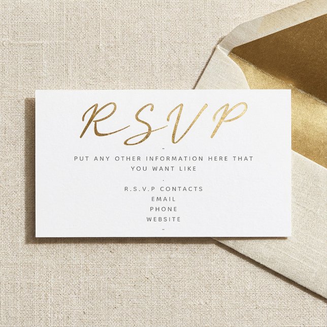 Guldeffektmanus, RSVP vitt Tilläggskort (Gold effect script, RSVP white Enclosure Card.)