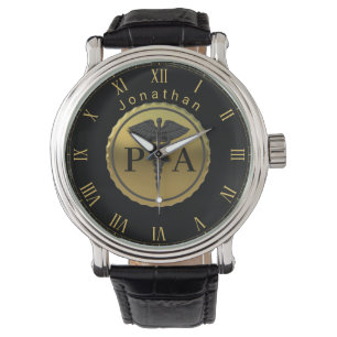 Guldemblem Caduceus läkarassistent PA Namn Armbandsur