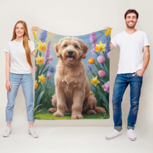 Guldendoodle Hund Vårblommor Målning Fleecefilt