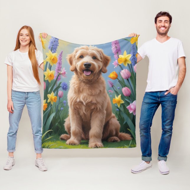 Guldendoodle Hund Vårblommor Målning Fleecefilt (På plats)