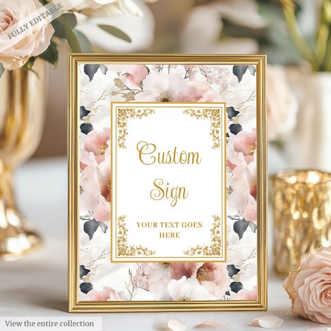 Guldet  blommor och bröllop anpassningsbar poster (Dainty blush flowers and gold wedding custom sign)
